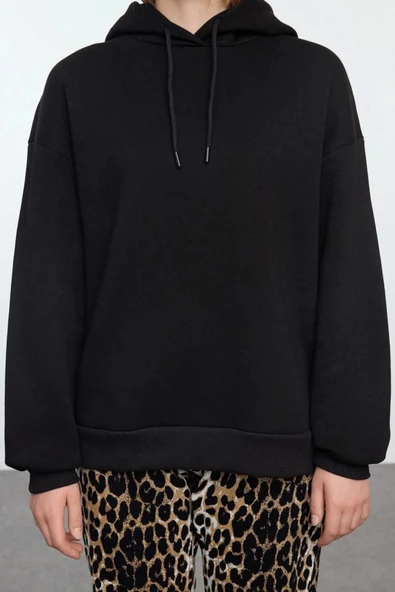 Tarz Bol Kapüşonlu Düşük Kol Uzun Fermuar Detaylı Kalıp Kalın İçi Polarlı Örme Sweatshirt - 5