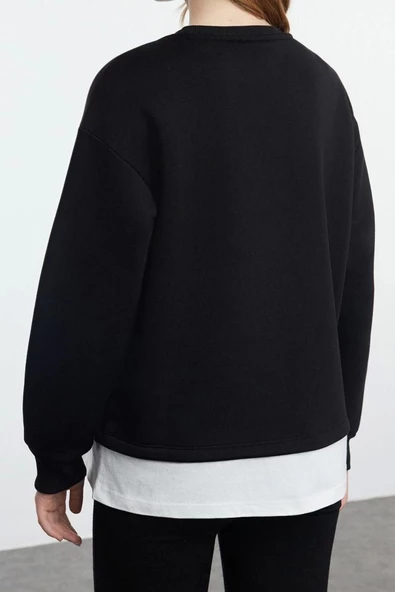 Bisiklet Yaka Düşük Kol Poplin Detaylı ve Nakış Detaylı Normal Kalıp Örme Sweatshirt - 4