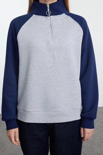 Tarz Bol Fermuarlı Yaka Düşük Kol Uzun Slogan Baskılı Kalıp Reglan Kol Örme Sweatshirt - 5
