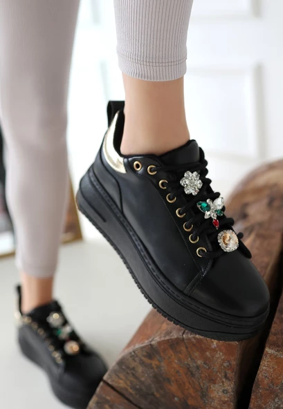 Tenya Siyah Cilt Taşlı Bağcıklı Spor Ayakkabı - 2