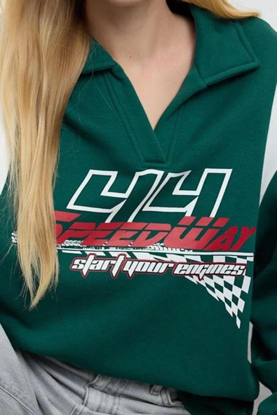 Tarz Bol Polo Yaka Düşük Kol Uzun Kalın İçi Polarlı Geniş Kalıp Polo Yaka Örme Sweatshirt - 2