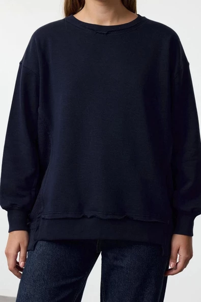 Tarz Bol Bisiklet Yaka Düşük Kol Uzun Kalın İçi Polarlı Geniş Kalıp Örme Sweatshirt - 5
