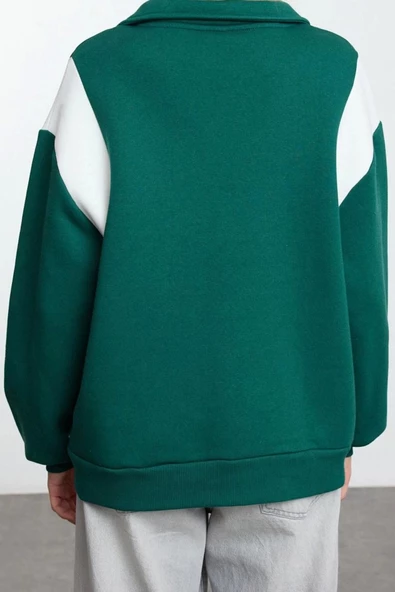 Tarz Bol Polo Yaka Düşük Kol Uzun Kalın İçi Polarlı Geniş Kalıp Polo Yaka Örme Sweatshirt - 4