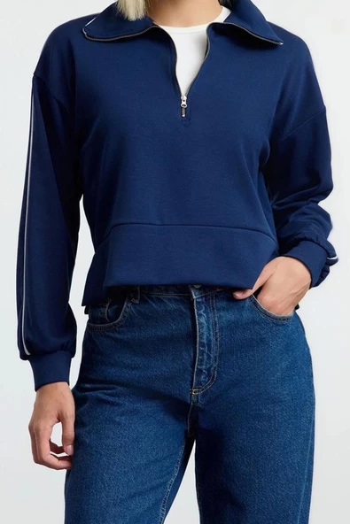 Tarz Regular Fermuarlı Yaka Düşük Kol Regular Fermuarlı Normal Kalıp Esnek Örme Sweatshirt - 2