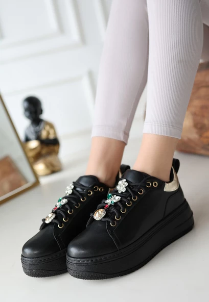 Tenya Siyah Cilt Taşlı Bağcıklı Spor Ayakkabı - 3