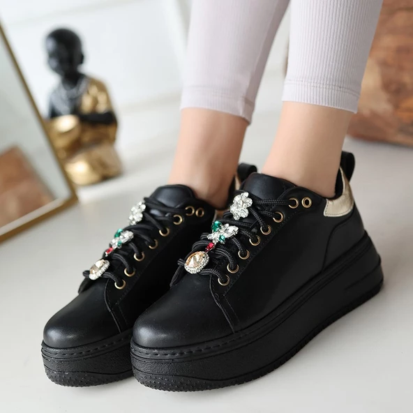 Tenya Siyah Cilt Taşlı Bağcıklı Spor Ayakkabı - 4