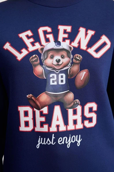 Tarz Bol Bisiklet Yaka Düşük Kol Uzun Baskılı Geniş Kalıp Kalın İçi Polarlı Örme Sweatshirt - 3