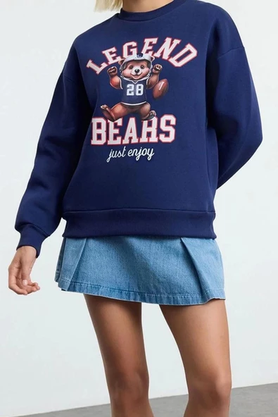 Tarz Bol Bisiklet Yaka Düşük Kol Uzun Baskılı Geniş Kalıp Kalın İçi Polarlı Örme Sweatshirt - 2
