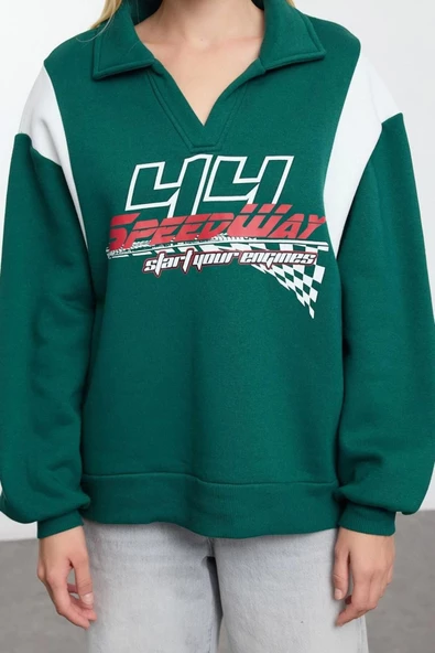 Tarz Bol Polo Yaka Düşük Kol Uzun Kalın İçi Polarlı Geniş Kalıp Polo Yaka Örme Sweatshirt - 5