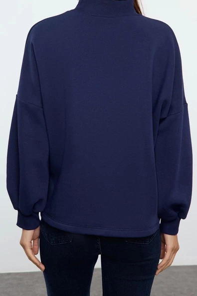 Oversize Dik Yaka Düşük Kol Uzun Basic Geniş Kalıp Yarım Balıkçı Kalın Polarlı Örme Sweatshirt - 4