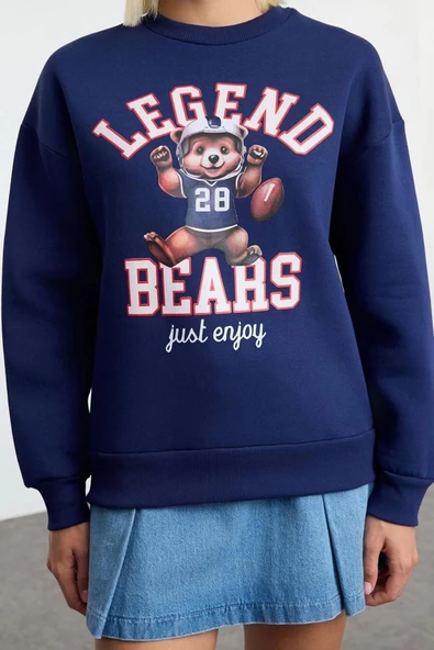 Tarz Bol Bisiklet Yaka Düşük Kol Uzun Baskılı Geniş Kalıp Kalın İçi Polarlı Örme Sweatshirt - 5