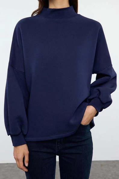 Oversize Dik Yaka Düşük Kol Uzun Basic Geniş Kalıp Yarım Balıkçı Kalın Polarlı Örme Sweatshirt - 5