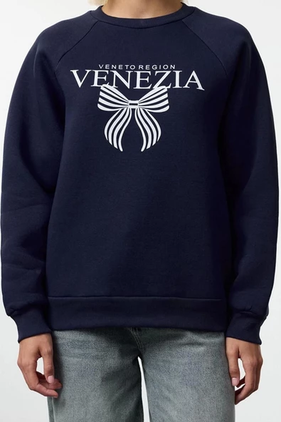 Bisiklet Yaka Reglan Kol Rahat Kalıp Reglan Kol Slogan ve Fiyonk Baskılı Örme Sweatshirt - 5