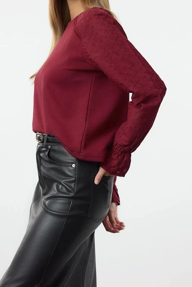 Regular Bisiklet Yaka Reglan Kol Regular Brode Dokuma Detaylı Normal Kalıp Örme Sweatshirt - 2