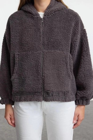 Tarz Regular Kapüşonlu Düşük Kol Regular Peluş Normal Kalıp Fermuarlı Kalın Örme Sweatshirt - 5