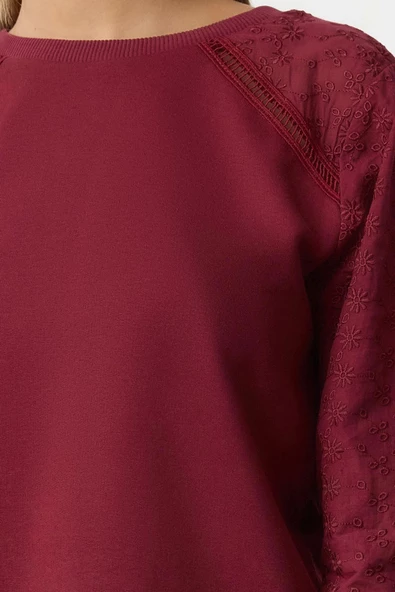 Regular Bisiklet Yaka Reglan Kol Regular Brode Dokuma Detaylı Normal Kalıp Örme Sweatshirt - 3