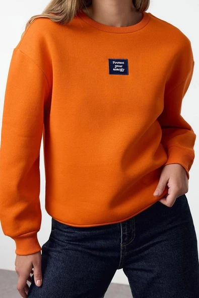 Bisiklet Yaka Düşük Kol Uzun Reaxed Rahat kalıp Slogan Baskılı Kalın Polarlı Örme Sweatshirt