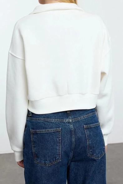 Tarz Oversize Polo Yaka Düşük Kol Uzun Rahat Kalıp Polo Yaka Kalın İçi Polarlı Örme Sweatshirt - 4