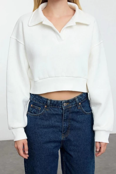 Tarz Oversize Polo Yaka Düşük Kol Uzun Rahat Kalıp Polo Yaka Kalın İçi Polarlı Örme Sweatshirt - 5