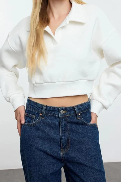 Tarz Oversize Polo Yaka Düşük Kol Uzun Rahat Kalıp Polo Yaka Kalın İçi Polarlı Örme Sweatshirt