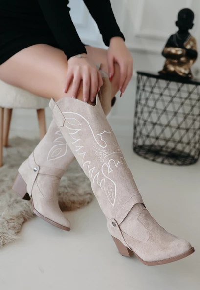 Jilla Bej Süet Tak Çıkar Topuklu Bot Ve Çizme - 2