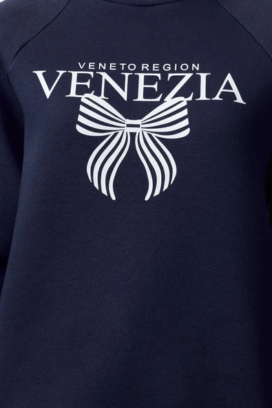Bisiklet Yaka Reglan Kol Rahat Kalıp Reglan Kol Slogan ve Fiyonk Baskılı Örme Sweatshirt - 3