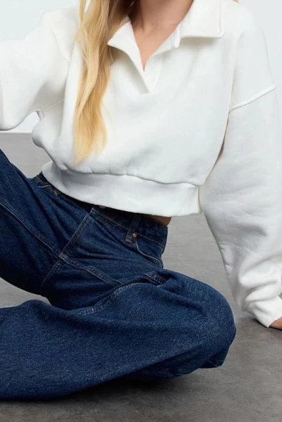 Tarz Oversize Polo Yaka Düşük Kol Uzun Rahat Kalıp Polo Yaka Kalın İçi Polarlı Örme Sweatshirt - 2