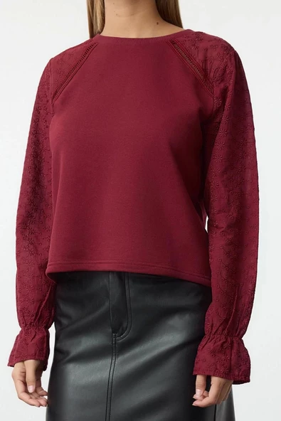 Regular Bisiklet Yaka Reglan Kol Regular Brode Dokuma Detaylı Normal Kalıp Örme Sweatshirt - 5