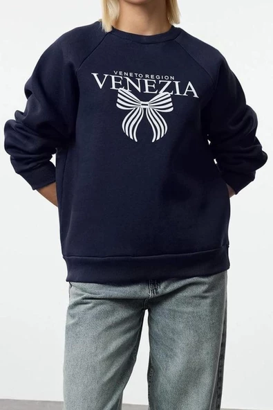 Bisiklet Yaka Reglan Kol Rahat Kalıp Reglan Kol Slogan ve Fiyonk Baskılı Örme Sweatshirt - 2