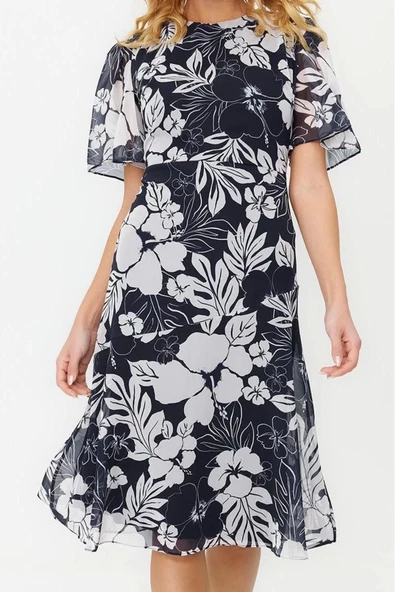 Moda Stil Regular Bisiklet Yaka Midi Boy Çiçek Desenli A Kesim Astarlı Dokuma Elbise - 4