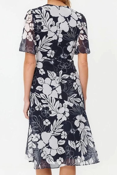 Moda Stil Regular Bisiklet Yaka Midi Boy Çiçek Desenli A Kesim Astarlı Dokuma Elbise - 5
