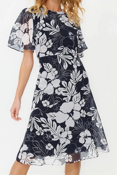 Moda Stil Regular Bisiklet Yaka Midi Boy Çiçek Desenli A Kesim Astarlı Dokuma Elbise