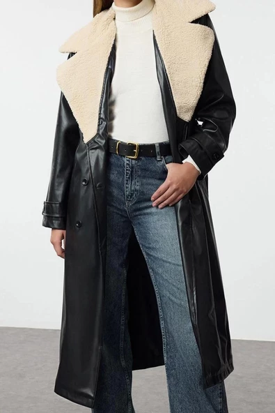 Tasarım Düz Astarlı Yaka Uzun Oversize Ceket Kadın Oversize Peluş Yaka Detaylı Suni Deri Trençkot