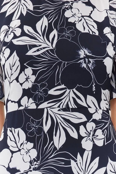Moda Stil Regular Bisiklet Yaka Midi Boy Çiçek Desenli A Kesim Astarlı Dokuma Elbise - 6