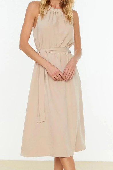 Moda Regular Casual Günlük Shally Dokuma Halter Yaka Kolsuz Kol A-Line Midi Boy Elbise