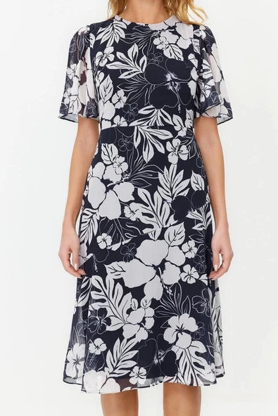 Moda Stil Regular Bisiklet Yaka Midi Boy Çiçek Desenli A Kesim Astarlı Dokuma Elbise - 3
