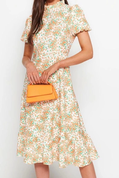 Moda Stil Regular Dik Yaka Midi Boy Çiçek Desenli A Kesim Volanlı Astarlı Dokuma Elbise