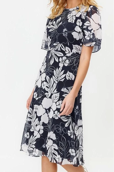 Moda Stil Regular Bisiklet Yaka Midi Boy Çiçek Desenli A Kesim Astarlı Dokuma Elbise - 2