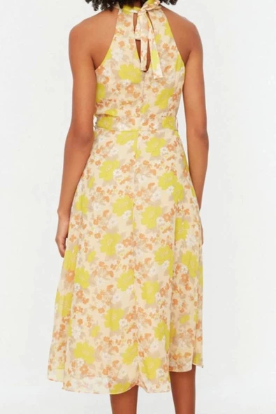 Moda Stil Regular Halter Yaka Midi Boy Çiçek Desenli Kuşaklı A Kesim Kolsuz Astarlı Dokuma Elbise - 5