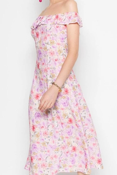 Moda Stil Regular Carmen Yaka Midi Boy Çiçek Desenli A Kesim Form Dokuma Elbise - 4