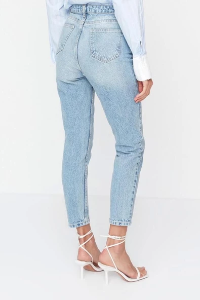 Stil Kadın Moda Denim Kot Pantolon Regular Dar Paça Yüksek Bel Mom Jeans - 5