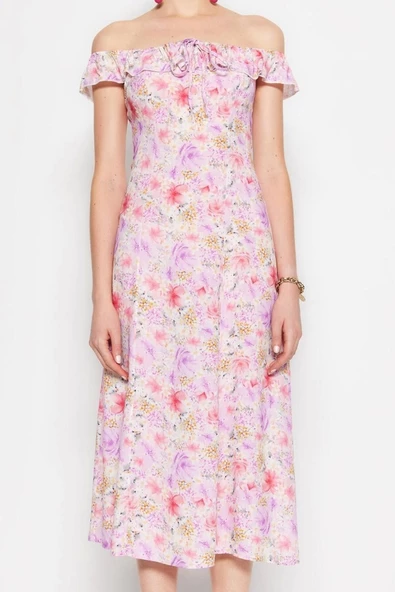 Moda Stil Regular Carmen Yaka Midi Boy Çiçek Desenli A Kesim Form Dokuma Elbise - 2