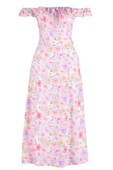 Moda Stil Regular Carmen Yaka Midi Boy Çiçek Desenli A Kesim Form Dokuma Elbise - 3