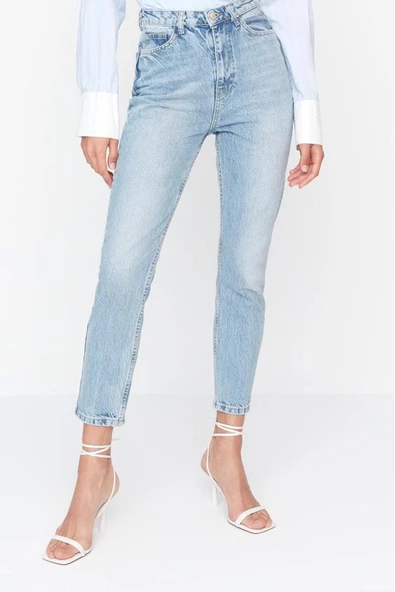 Stil Kadın Moda Denim Kot Pantolon Regular Dar Paça Yüksek Bel Mom Jeans - 6