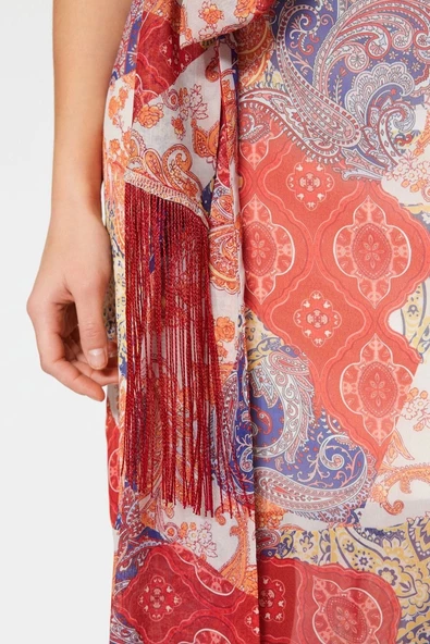 Moda Regular Degaje Yaka Maxi Boy Kuşaklı Püsküllü Şal Desen A Kesim Çan Form Astarlı Dokuma Elbise - 6
