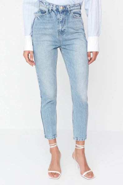 Stil Kadın Moda Denim Kot Pantolon Regular Dar Paça Yüksek Bel Mom Jeans - 2