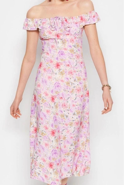 Moda Stil Regular Carmen Yaka Midi Boy Çiçek Desenli A Kesim Form Dokuma Elbise - 1