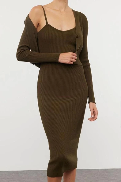 Moda Stil Slim V Yaka Midi Boy Vücuda Oturan Triko Hırka Elbise Takım