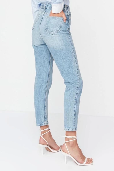 Stil Kadın Moda Denim Kot Pantolon Regular Dar Paça Yüksek Bel Mom Jeans - 3