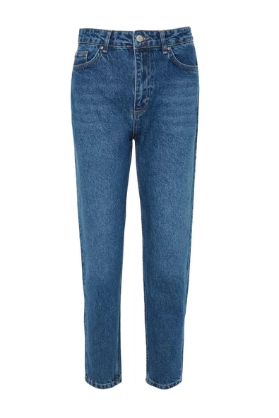 Stil Kadın Moda Denim Kot Pantolon Regular Geniş Paça Mavi Yüksek Bel Mom Jeans - 4
